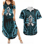 White Ribbon Day New Zealand Couples Matching Summer Maxi Dress and Hawaiian Shirt Respect Women Maori Pattern Blue