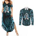 White Ribbon Day New Zealand Couples Matching Summer Maxi Dress and Long Sleeve Button Shirt Respect Women Maori Pattern Blue