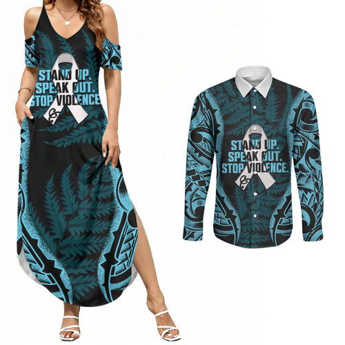 White Ribbon Day New Zealand Couples Matching Summer Maxi Dress and Long Sleeve Button Shirt Respect Women Maori Pattern Blue