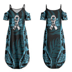 White Ribbon Day New Zealand Couples Matching Summer Maxi Dress and Long Sleeve Button Shirt Respect Women Maori Pattern Blue