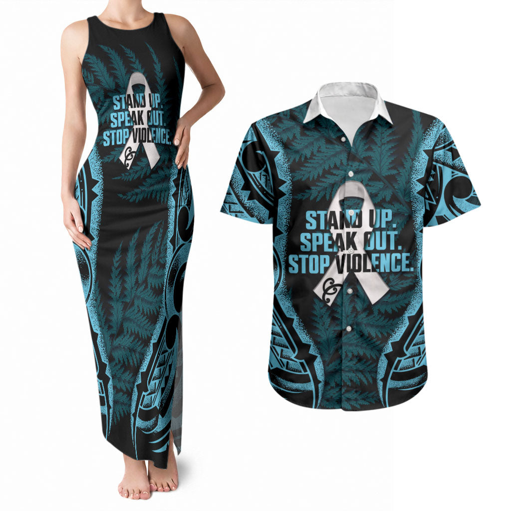 White Ribbon Day New Zealand Couples Matching Tank Maxi Dress and Hawaiian Shirt Respect Women Maori Pattern Blue