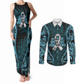 White Ribbon Day New Zealand Couples Matching Tank Maxi Dress and Long Sleeve Button Shirt Respect Women Maori Pattern Blue