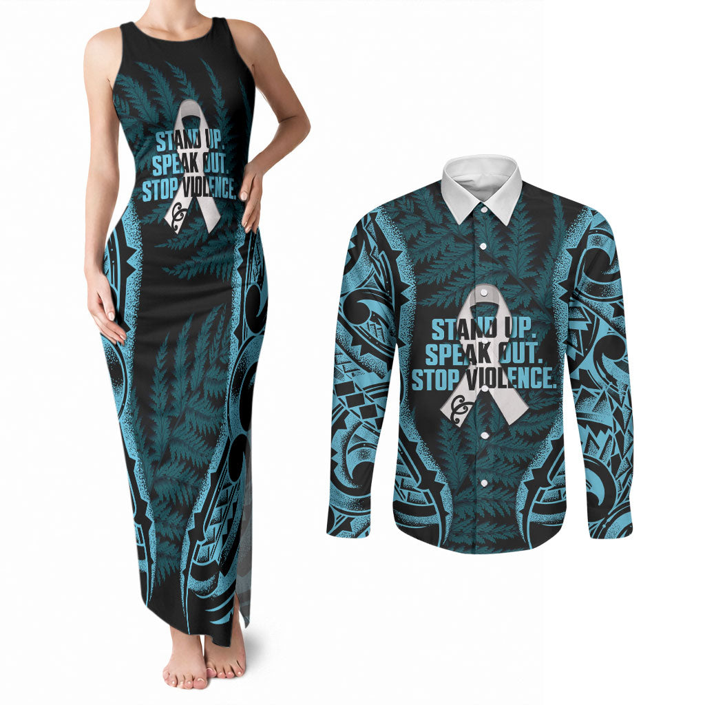 White Ribbon Day New Zealand Couples Matching Tank Maxi Dress and Long Sleeve Button Shirt Respect Women Maori Pattern Blue