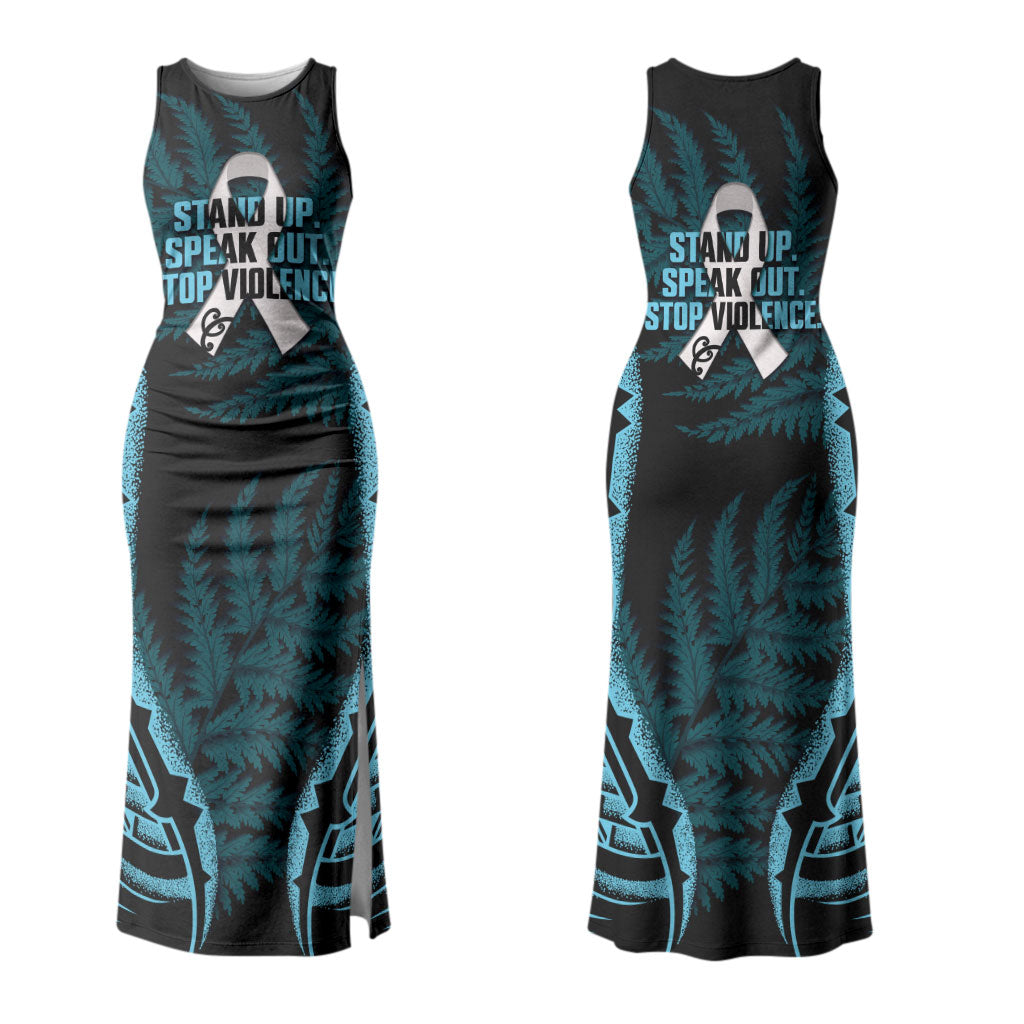 White Ribbon Day New Zealand Couples Matching Tank Maxi Dress and Long Sleeve Button Shirt Respect Women Maori Pattern Blue