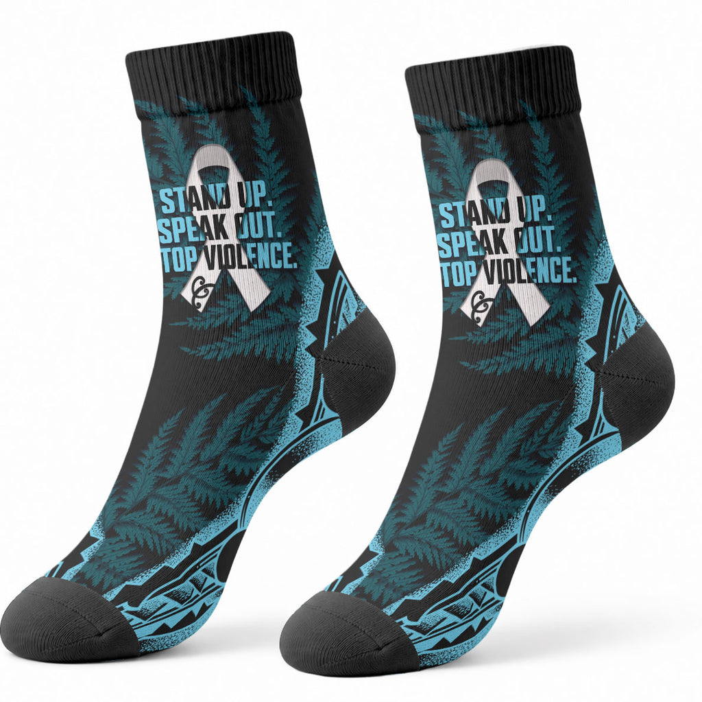 White Ribbon Day New Zealand Crew Socks Respect Women Maori Pattern Blue