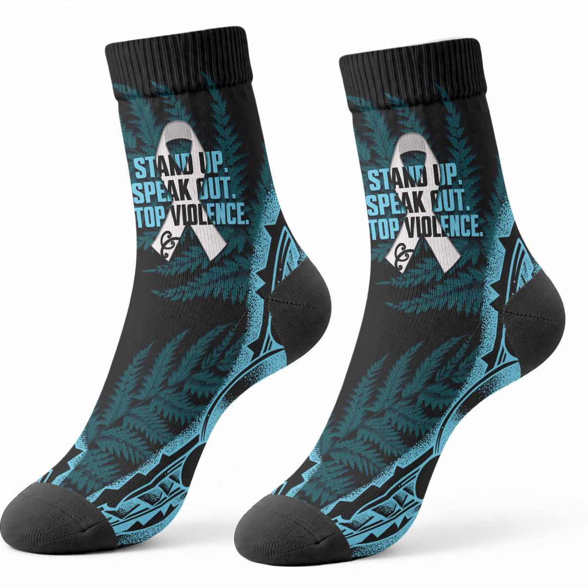White Ribbon Day New Zealand Crew Socks Respect Women Maori Pattern Blue