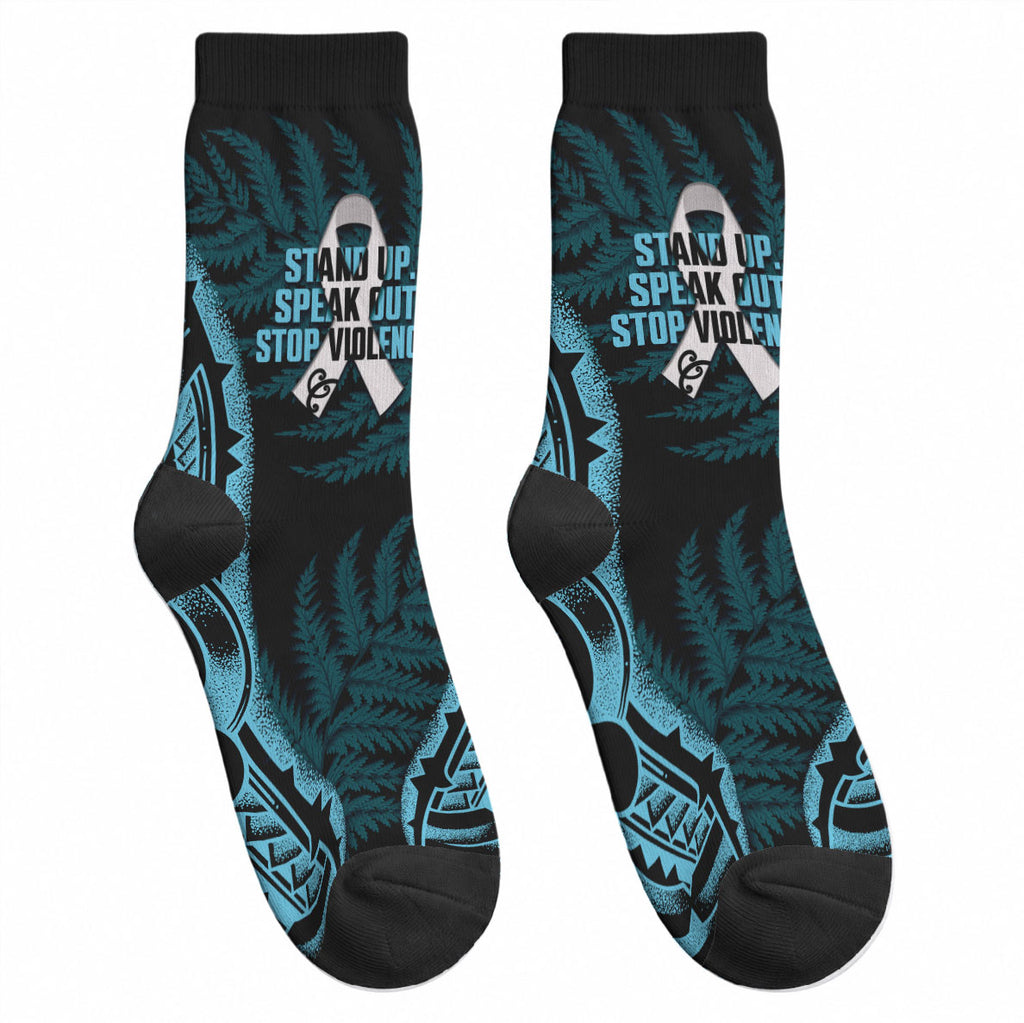 White Ribbon Day New Zealand Crew Socks Respect Women Maori Pattern Blue