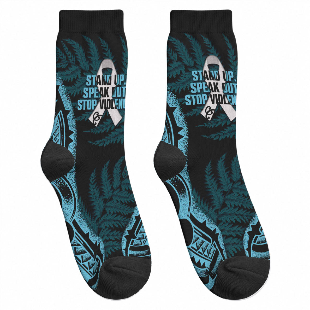 White Ribbon Day New Zealand Crew Socks Respect Women Maori Pattern Blue
