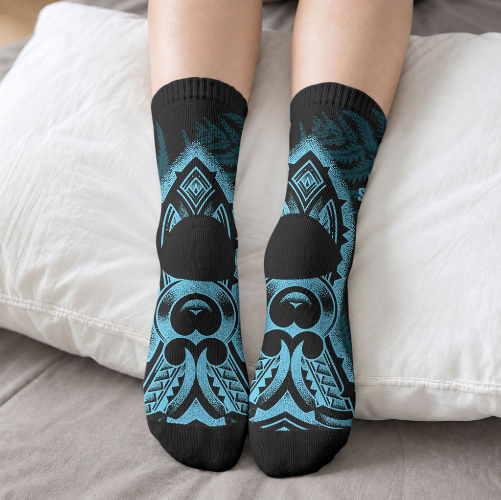 White Ribbon Day New Zealand Crew Socks Respect Women Maori Pattern Blue