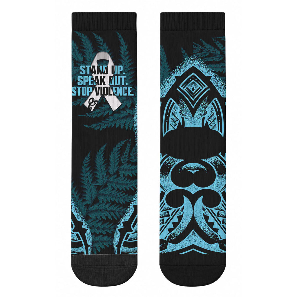 White Ribbon Day New Zealand Crew Socks Respect Women Maori Pattern Blue