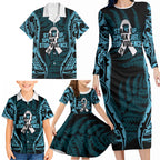 White Ribbon Day New Zealand Family Matching Long Sleeve Bodycon Dress and Hawaiian Shirt Respect Women Maori Pattern Blue