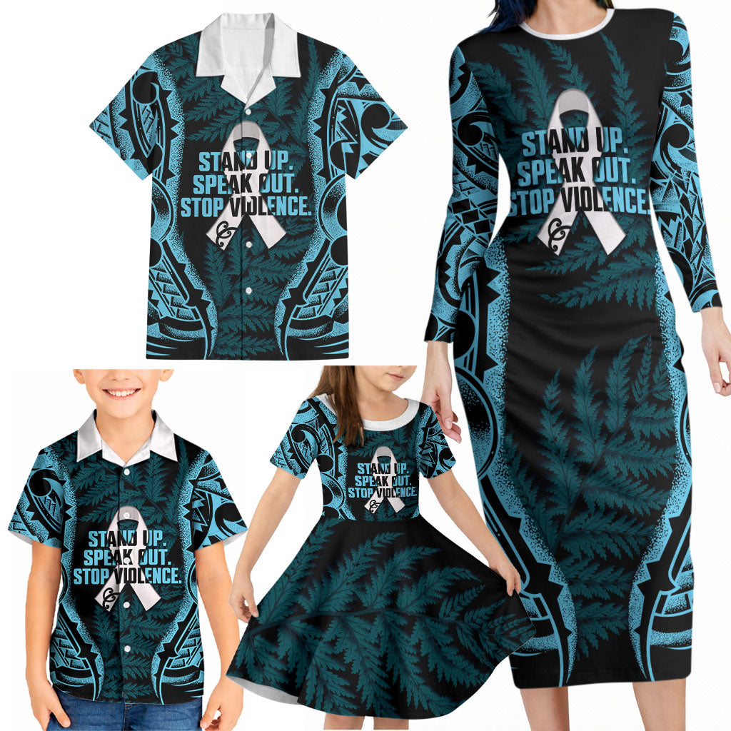 White Ribbon Day New Zealand Family Matching Long Sleeve Bodycon Dress and Hawaiian Shirt Respect Women Maori Pattern Blue