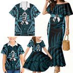 White Ribbon Day New Zealand Family Matching Mermaid Dress and Hawaiian Shirt Respect Women Maori Pattern Blue