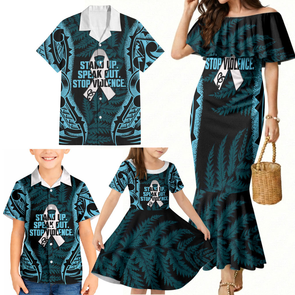 White Ribbon Day New Zealand Family Matching Mermaid Dress and Hawaiian Shirt Respect Women Maori Pattern Blue