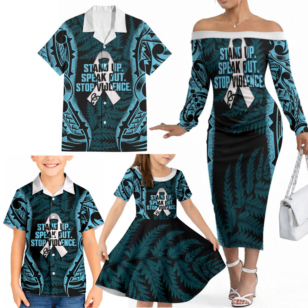 White Ribbon Day New Zealand Family Matching Off The Shoulder Long Sleeve Dress and Hawaiian Shirt Respect Women Maori Pattern Blue