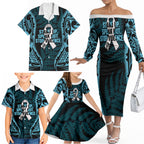 White Ribbon Day New Zealand Family Matching Off The Shoulder Long Sleeve Dress and Hawaiian Shirt Respect Women Maori Pattern Blue