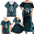 White Ribbon Day New Zealand Family Matching Off Shoulder Maxi Dress and Hawaiian Shirt Respect Women Maori Pattern Blue