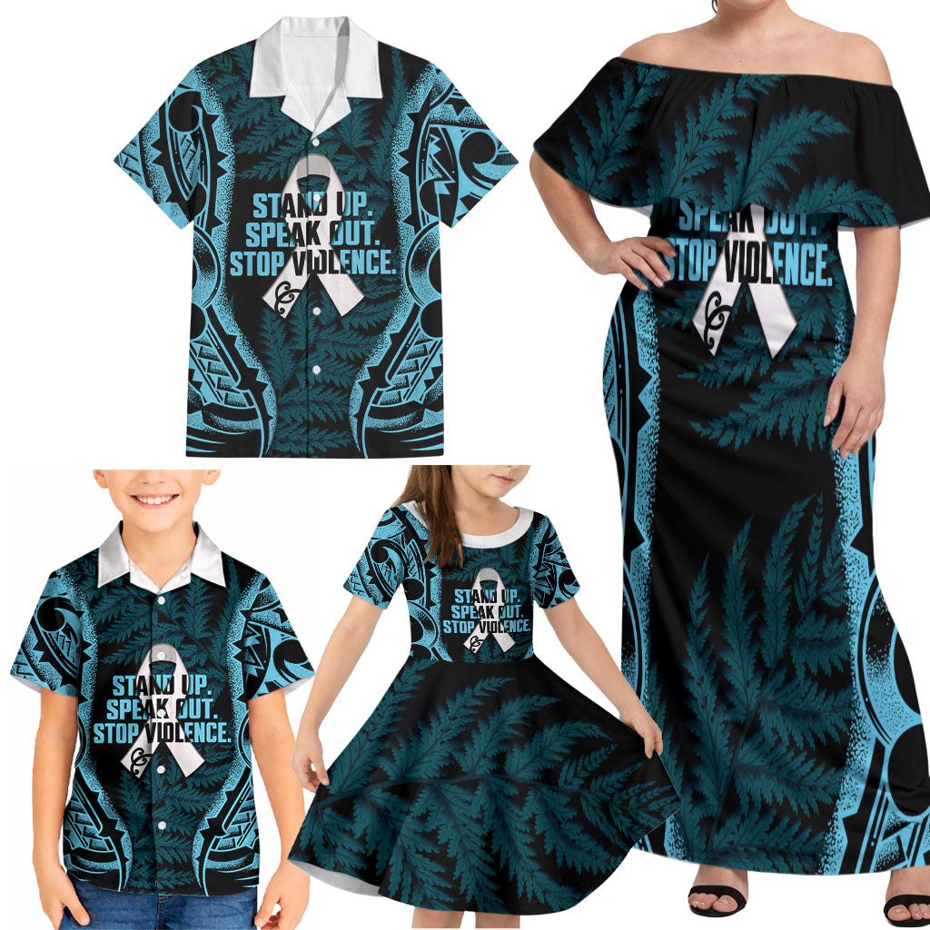 White Ribbon Day New Zealand Family Matching Off Shoulder Maxi Dress and Hawaiian Shirt Respect Women Maori Pattern Blue