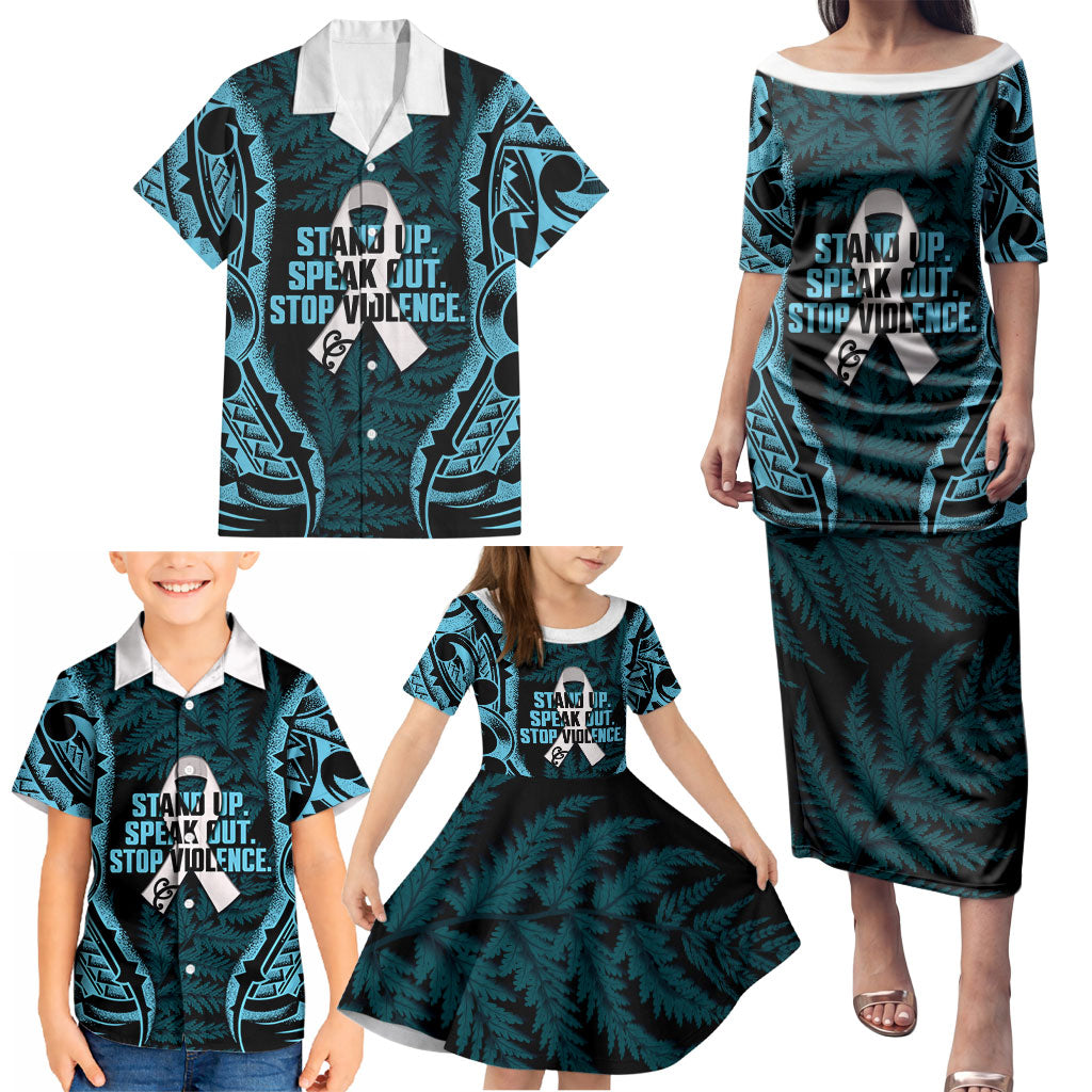 White Ribbon Day New Zealand Family Matching Puletasi and Hawaiian Shirt Respect Women Maori Pattern Blue