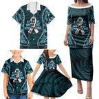 White Ribbon Day New Zealand Family Matching Puletasi and Hawaiian Shirt Respect Women Maori Pattern Blue