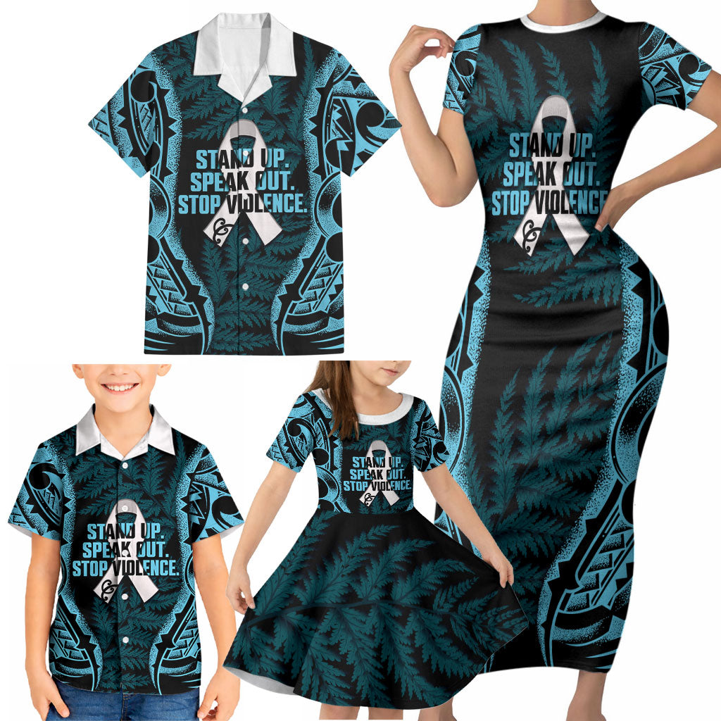 White Ribbon Day New Zealand Family Matching Short Sleeve Bodycon Dress and Hawaiian Shirt Respect Women Maori Pattern Blue