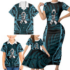 White Ribbon Day New Zealand Family Matching Short Sleeve Bodycon Dress and Hawaiian Shirt Respect Women Maori Pattern Blue