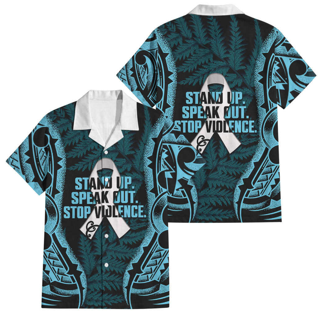 White Ribbon Day New Zealand Family Matching Short Sleeve Bodycon Dress and Hawaiian Shirt Respect Women Maori Pattern Blue