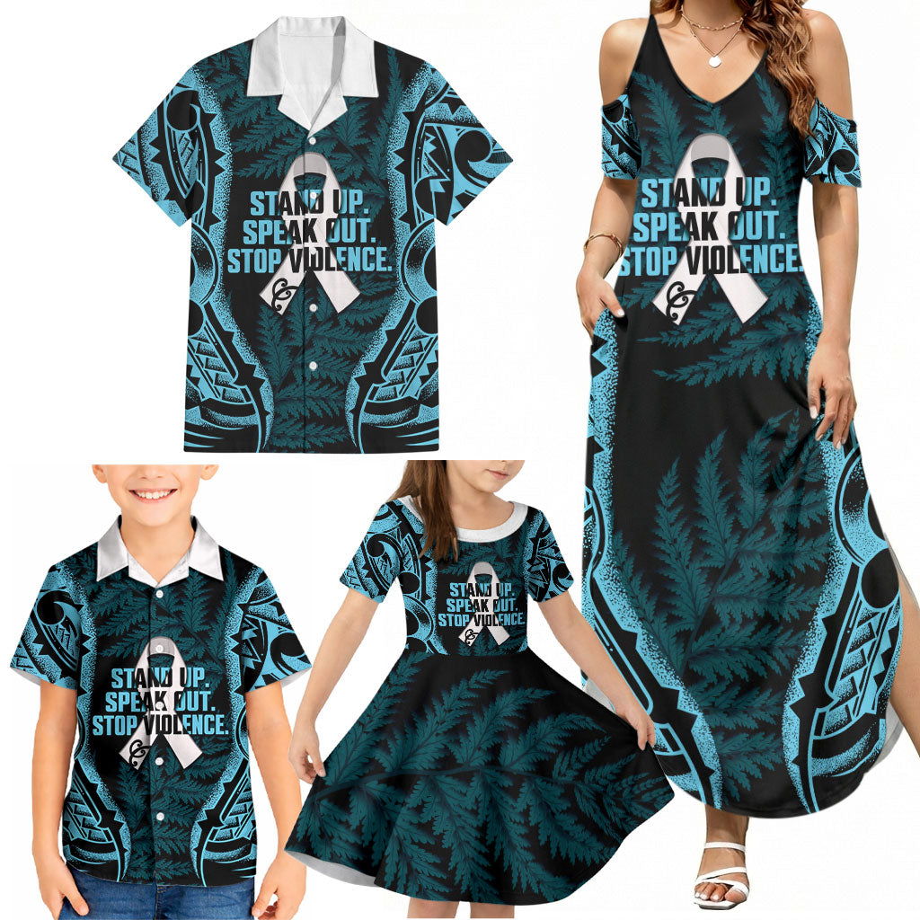 White Ribbon Day New Zealand Family Matching Summer Maxi Dress and Hawaiian Shirt Respect Women Maori Pattern Blue