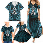 White Ribbon Day New Zealand Family Matching Summer Maxi Dress and Hawaiian Shirt Respect Women Maori Pattern Blue