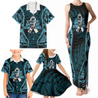 White Ribbon Day New Zealand Family Matching Tank Maxi Dress and Hawaiian Shirt Respect Women Maori Pattern Blue