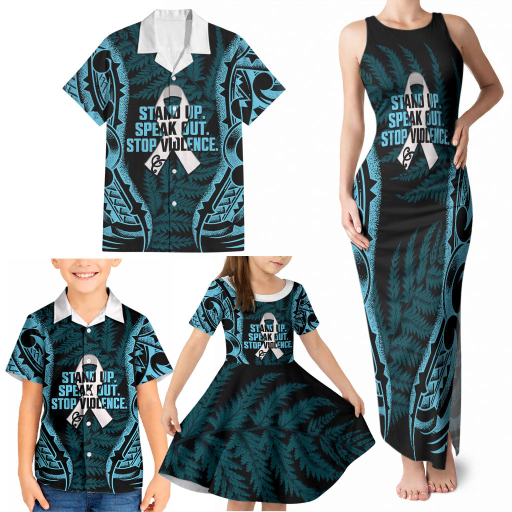 White Ribbon Day New Zealand Family Matching Tank Maxi Dress and Hawaiian Shirt Respect Women Maori Pattern Blue
