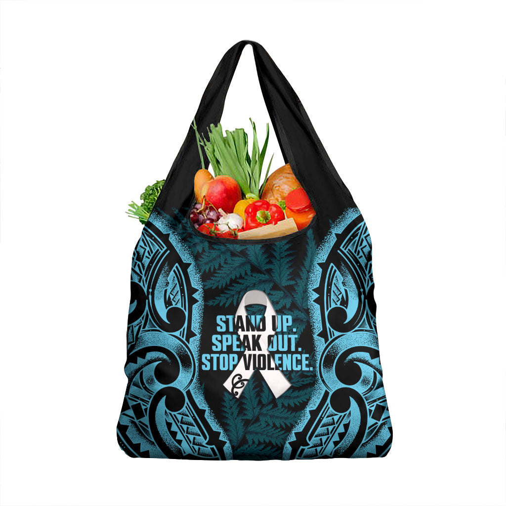 White Ribbon Day New Zealand Grocery Bag Respect Women Maori Pattern Blue