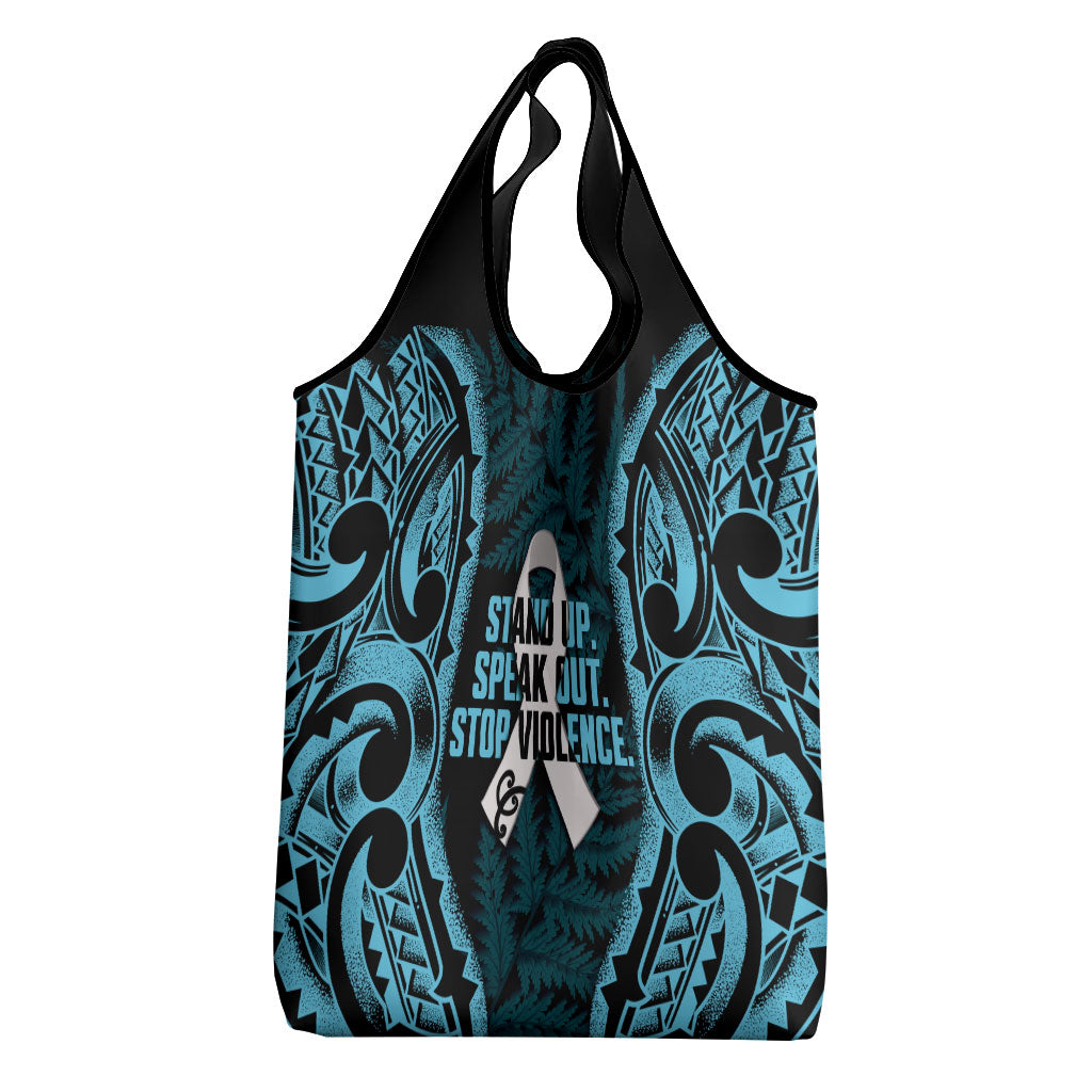 White Ribbon Day New Zealand Grocery Bag Respect Women Maori Pattern Blue