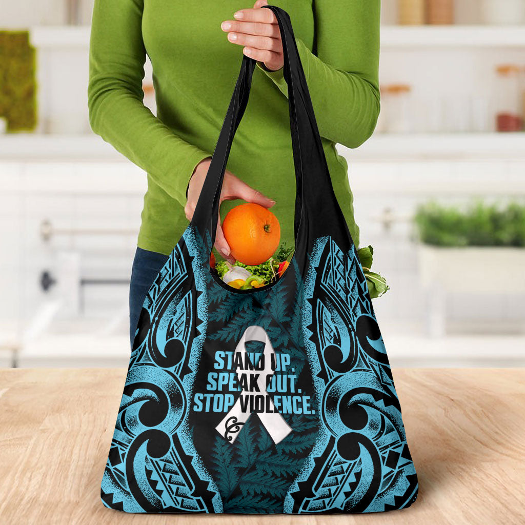 White Ribbon Day New Zealand Grocery Bag Respect Women Maori Pattern Blue