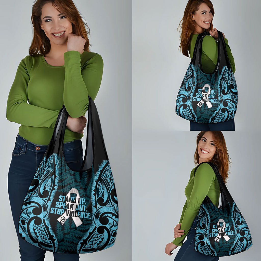 White Ribbon Day New Zealand Grocery Bag Respect Women Maori Pattern Blue