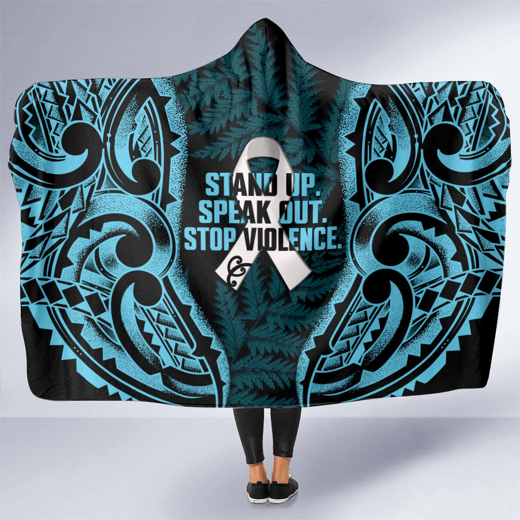 White Ribbon Day New Zealand Hooded Blanket Respect Women Maori Pattern Blue