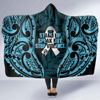 White Ribbon Day New Zealand Hooded Blanket Respect Women Maori Pattern Blue