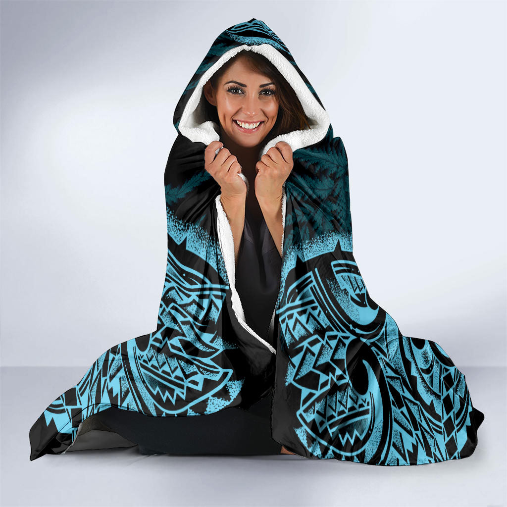 White Ribbon Day New Zealand Hooded Blanket Respect Women Maori Pattern Blue