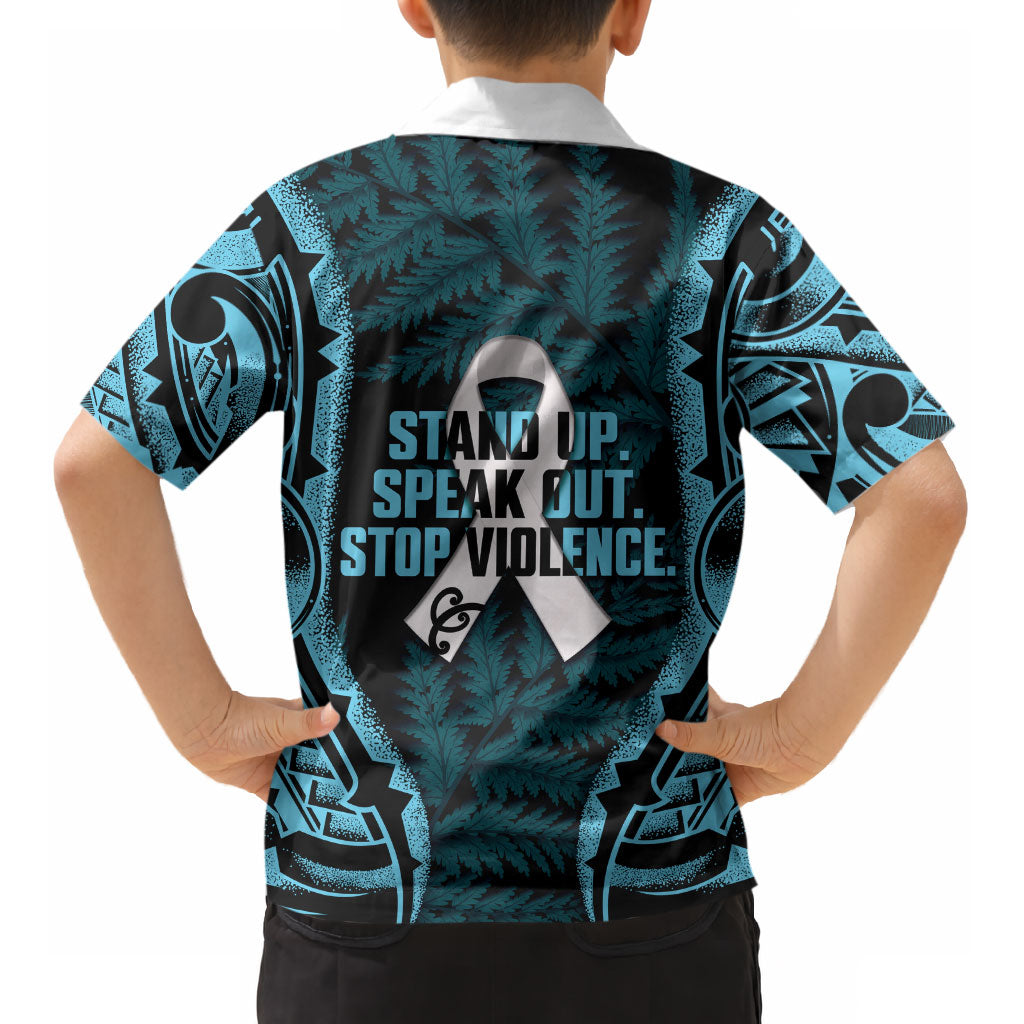 White Ribbon Day New Zealand Kid Hawaiian Shirt Respect Women Maori Pattern Blue