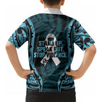 White Ribbon Day New Zealand Kid Hawaiian Shirt Respect Women Maori Pattern Blue