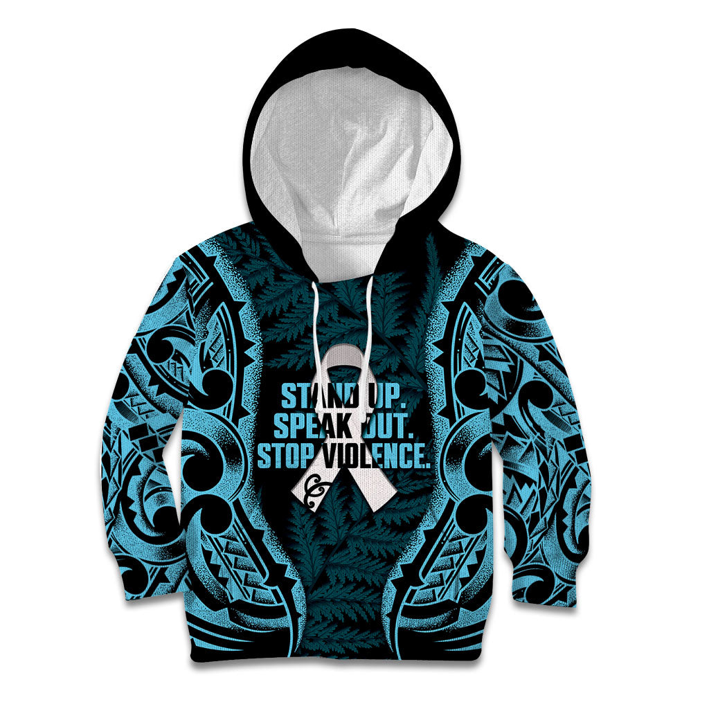White Ribbon Day New Zealand Kid Hoodie Respect Women Maori Pattern Blue