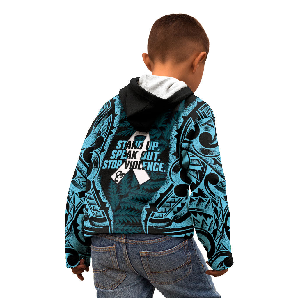 White Ribbon Day New Zealand Kid Hoodie Respect Women Maori Pattern Blue