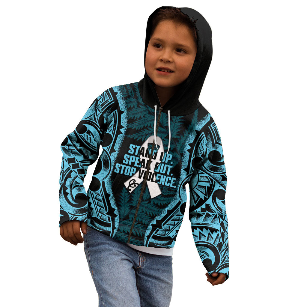 White Ribbon Day New Zealand Kid Hoodie Respect Women Maori Pattern Blue