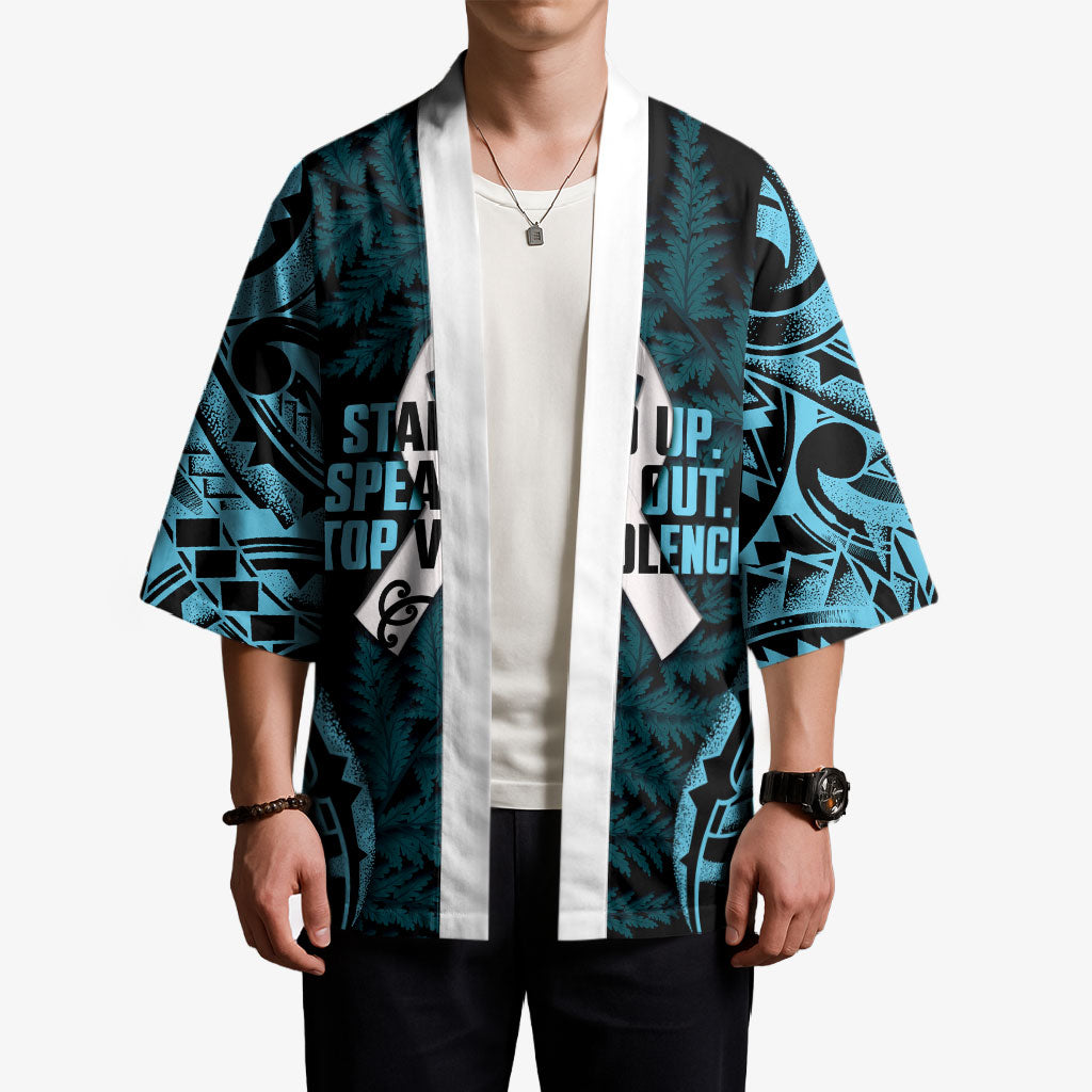 White Ribbon Day New Zealand Kimono Respect Women Maori Pattern Blue