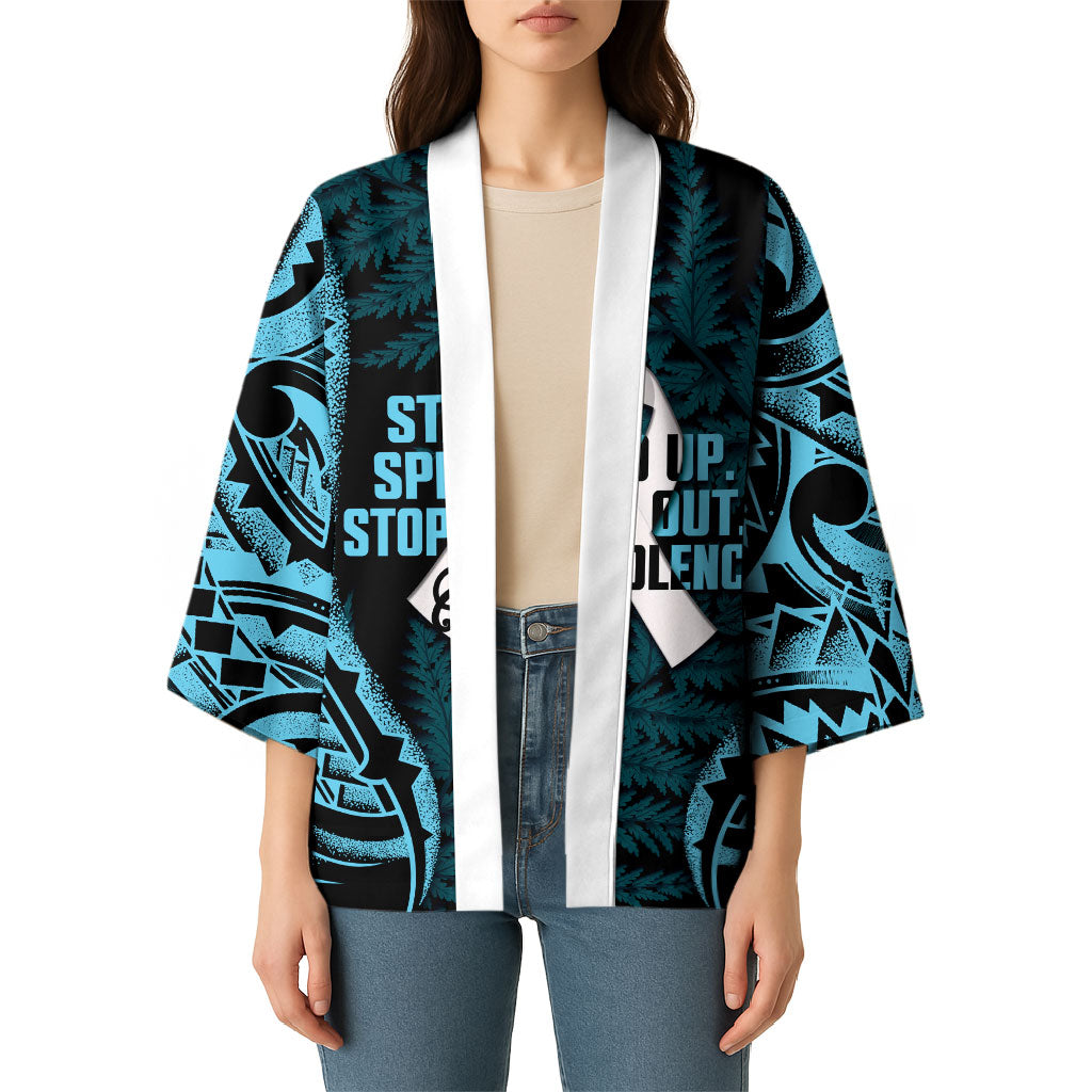 White Ribbon Day New Zealand Kimono Respect Women Maori Pattern Blue