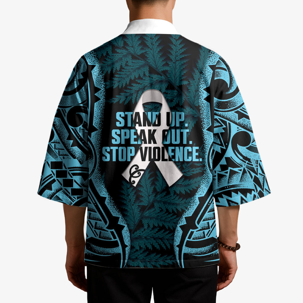 White Ribbon Day New Zealand Kimono Respect Women Maori Pattern Blue