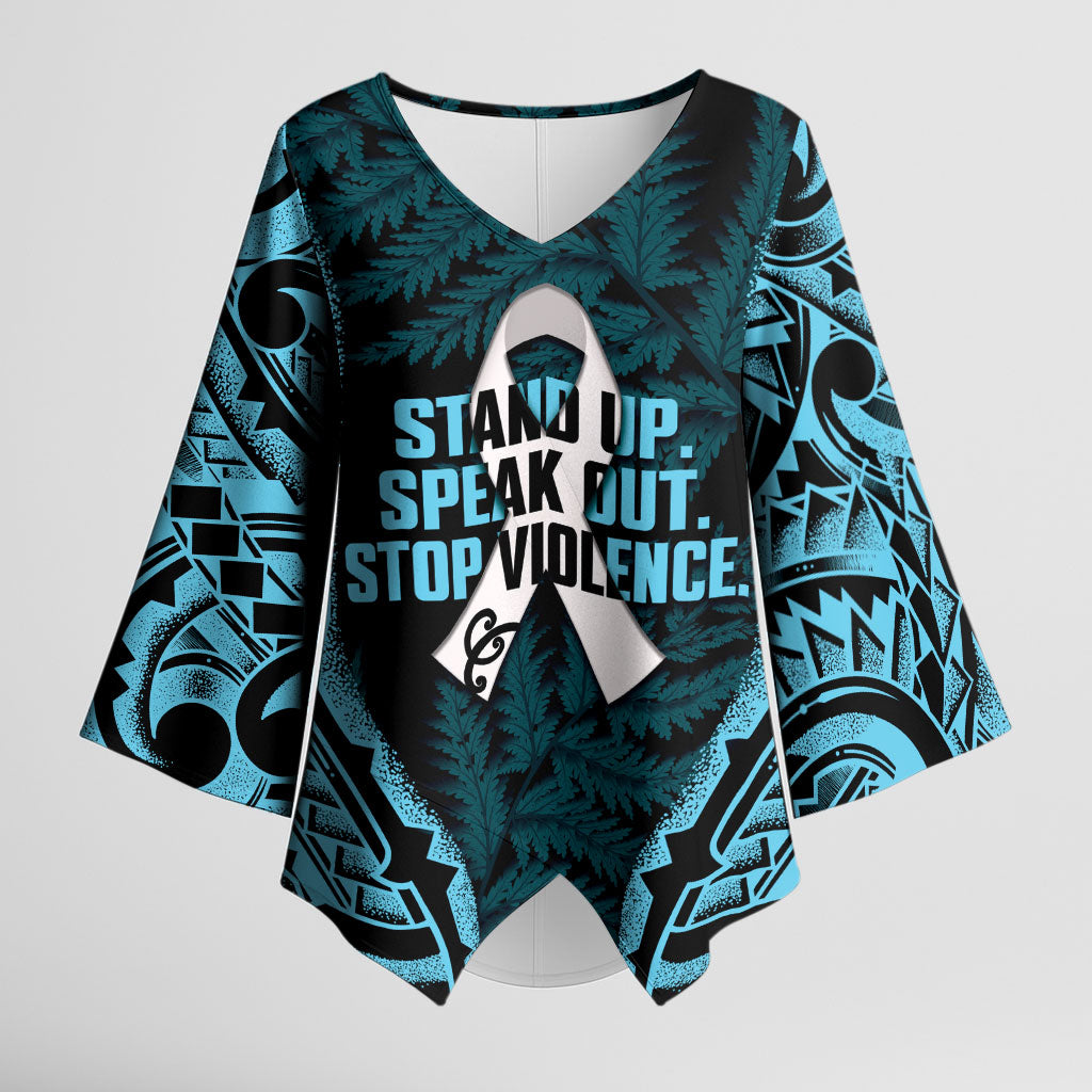 White Ribbon Day New Zealand Kimono Sleeve Blouse Respect Women Maori Pattern Blue