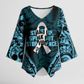 White Ribbon Day New Zealand Kimono Sleeve Blouse Respect Women Maori Pattern Blue