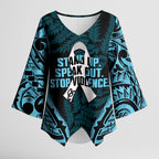 White Ribbon Day New Zealand Kimono Sleeve Blouse Respect Women Maori Pattern Blue