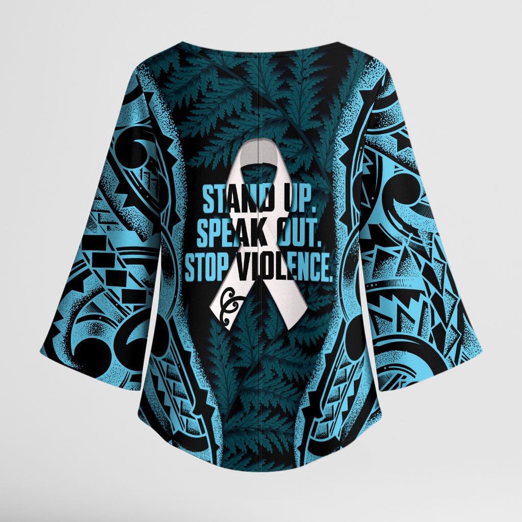 White Ribbon Day New Zealand Kimono Sleeve Blouse Respect Women Maori Pattern Blue